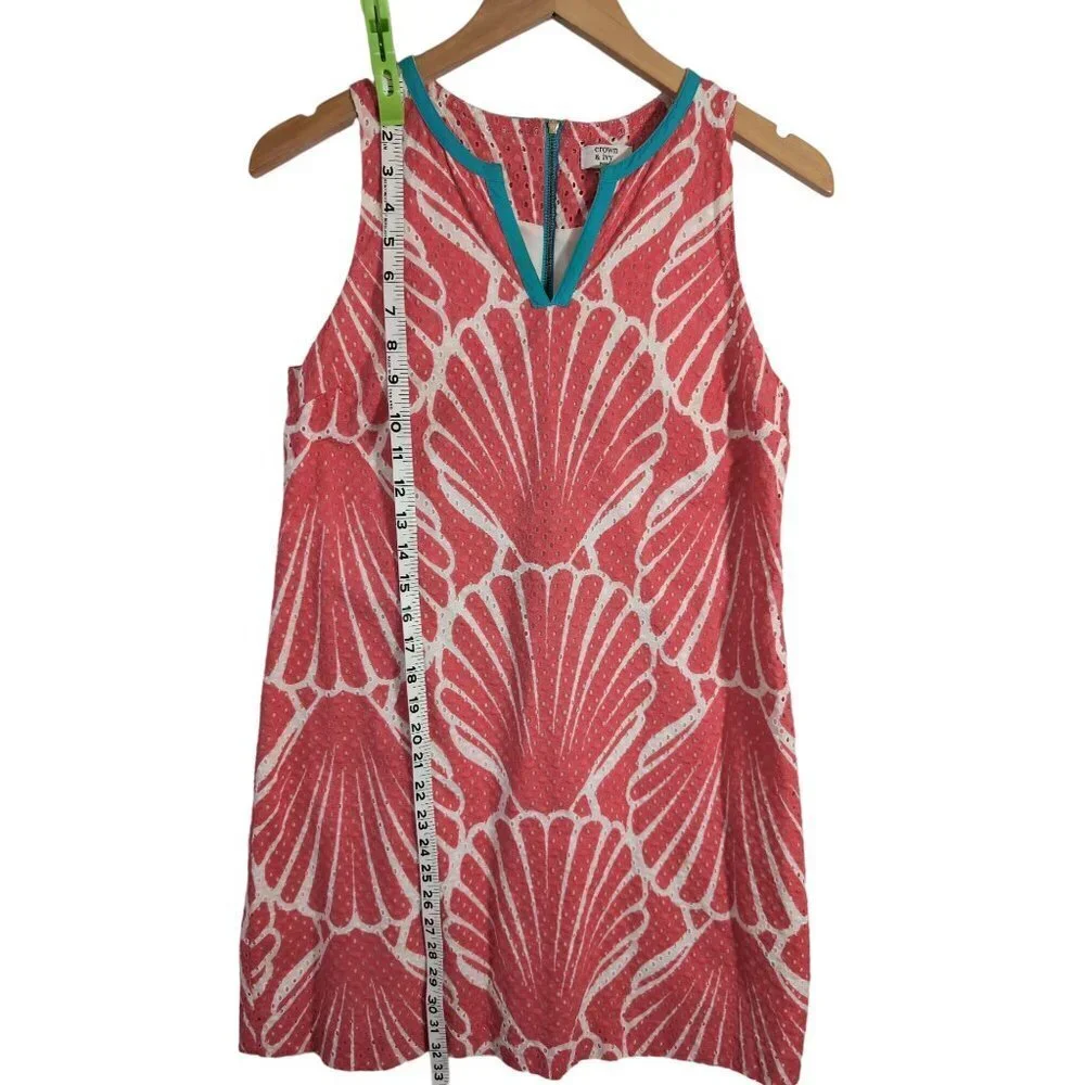 Crown & Ivy Shift Dress‎ Womens 6 Petite Coral Blue Shell Design Sleeveless